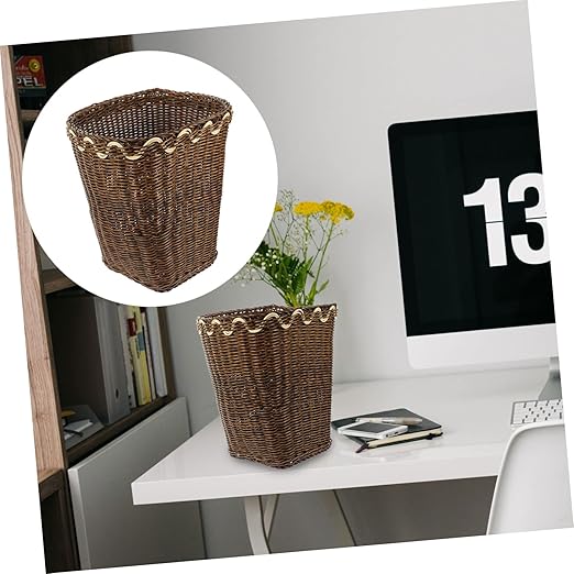 ARTIBETTER Woven Trash Can Decorative Waste Basket for Bathroom Office Home Stylish Material Vintage Design Chic Woven Garbage Bin for Waste Collection
