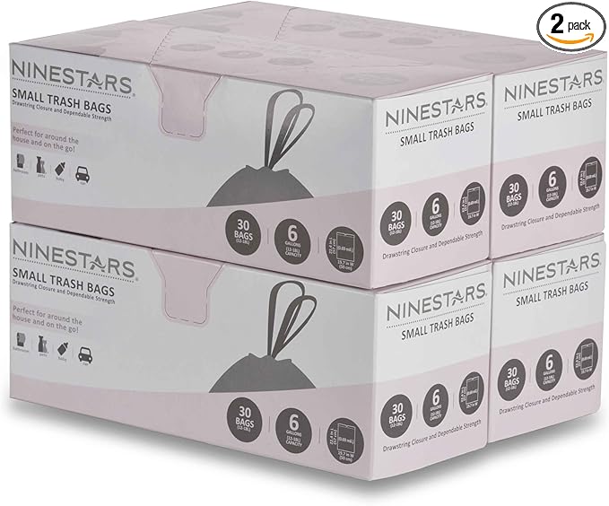 Ninestars Extra Strong White Trash Bags with Drawstring Multiple Sizes 90 Count Kitchen Drawstring trash bags 90 Trash Bags (6 Gallon 120 ct)
