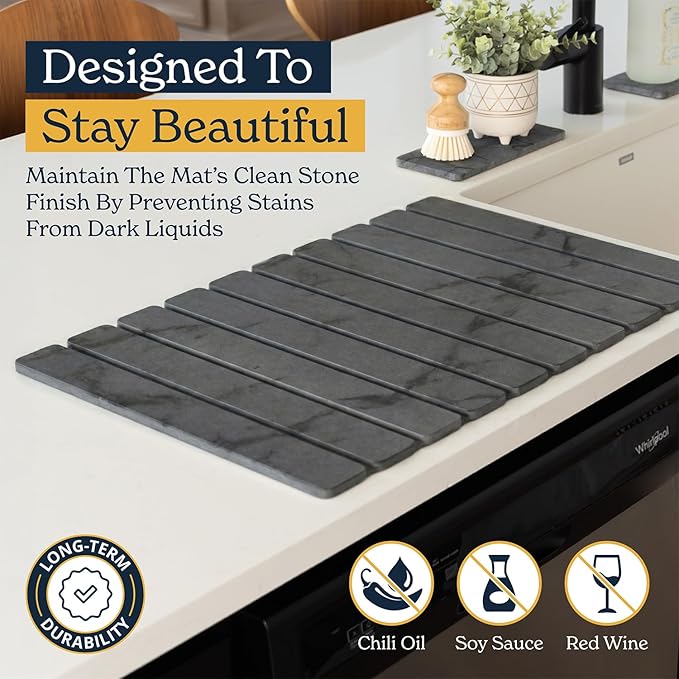 Oleex 3-Pack Stone Dish Drying Mat Set Includes 1 Large 24”x16” &amp 2 Small 4”x9” for Kitchen Counter-Collapsible Diatomaceous Earth Pad Absorbs Water &amp Dries Dishes Fast Non-slip Odor-Resista