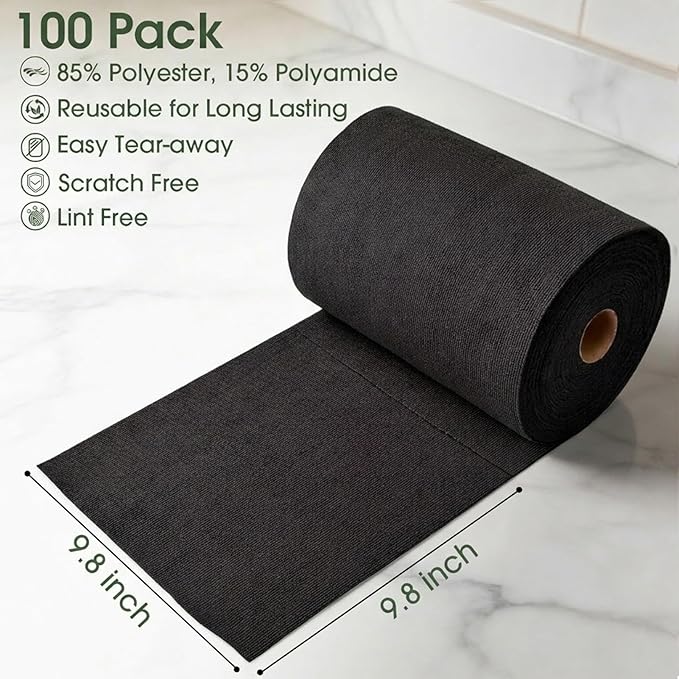 Microfiber Cleaning Cloth Roll - 100 Pack Tear Away Microfiber Paper Towels Reusable Washable Scratch-Free Kitchen Towels for Car Home Kitchen Glass Dishes (Black)