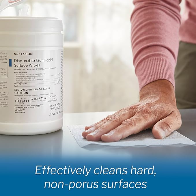 McKesson Germicidal Wipes [1920 Count] Disinfecting Wipes Alcohol Cleaning Disinfectant Wipes Hospital Grade Multi-Surface Wipes 160 Wipes 12 Pack