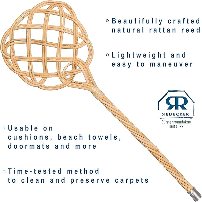 Redecker Rattan Reed Rug Beater – 29-1/2 inches Wooden Carpet &amp Rug Beater Paddle for Deep Dust Removal Eco-Friendly Handheld Rug Cleaner