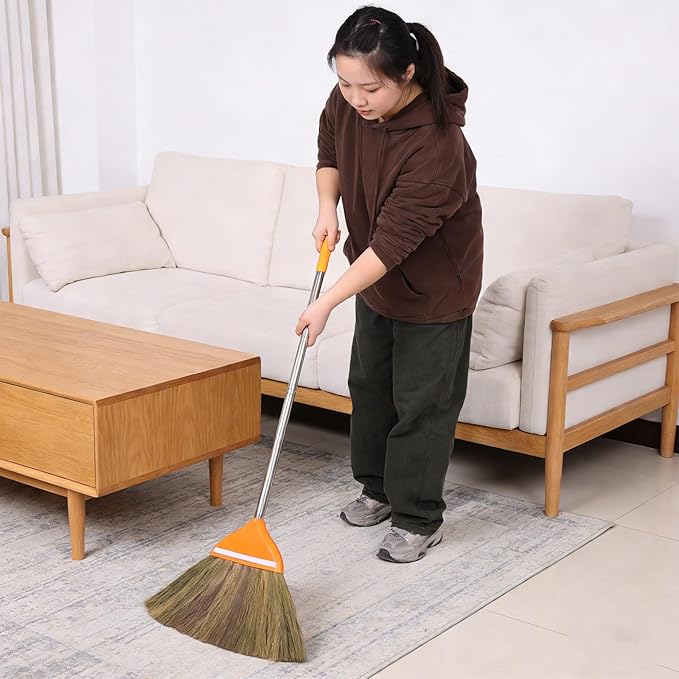 Natural Broom for Sweeping Indoor Outdoor - 41.7 Long Hand Handle Broom - Vietnam Handmade Straw Soft Design for Home Kitchen Garage Bedroom