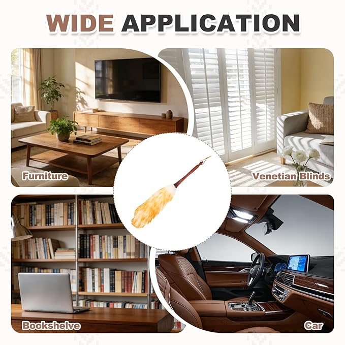 uxcell Wool Duster 20.5 Natural Feather Cleaner Household Cleaning Duster with Solid Wooden Handle for Cleaning Fans Window Blinds Shelves Furniture White Gold