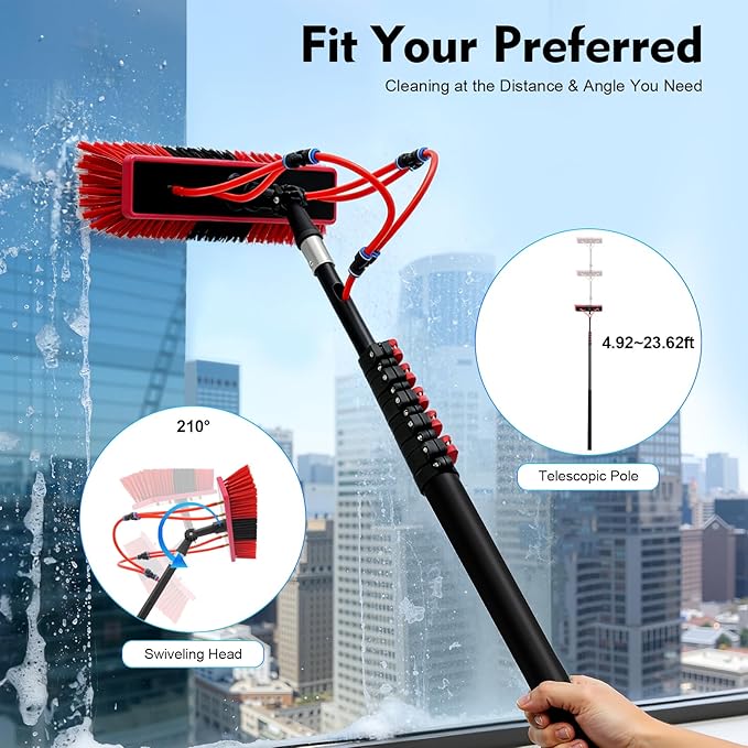 24FT Water Fed Pole Kit Telescopic Solar Panel Cleaning Brush with 210° Rotatable Head and 65.6FT Hose 6-Section Aluminum Alloy Extension Pole for Window Glass Ceiling Cleaning