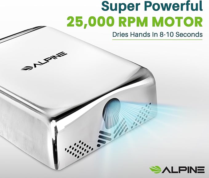 Alpine Commercial Hand Dryer with HEPA Filter 8 Seconds Extreme Speed Electric Hand Dryer for Home Bathroom/Restaurant with Heat &amp Speed Control - ADA Compliant (120V Chrome)
