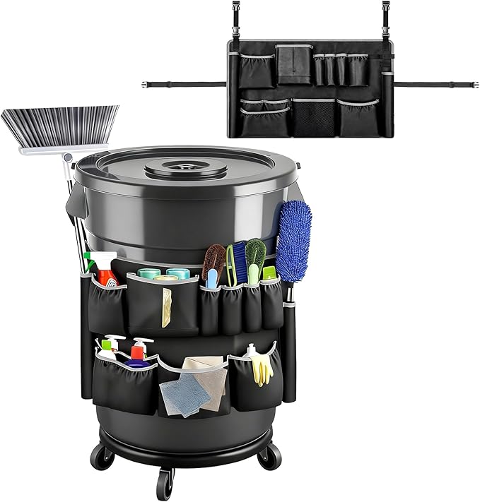 Trash Can Caddy Bag - 1680D Fabric Heavy Duty Cleaning Caddy with Adjustable Buckle Fits for 32-55 Gallon Garbage Bin 10 Pockets Cleaning Tool Storage Organizer for Housekeeping Janitorial