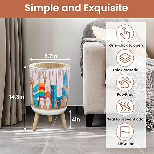 Bathroom Trash Can with Lid Wooden Vintage Surfboard Bamboo Fence Stands Sand Garbage Bin Waste Basket for Kitchen Office Bedroom Decoration Diaper Pail 1.8 Gallon
