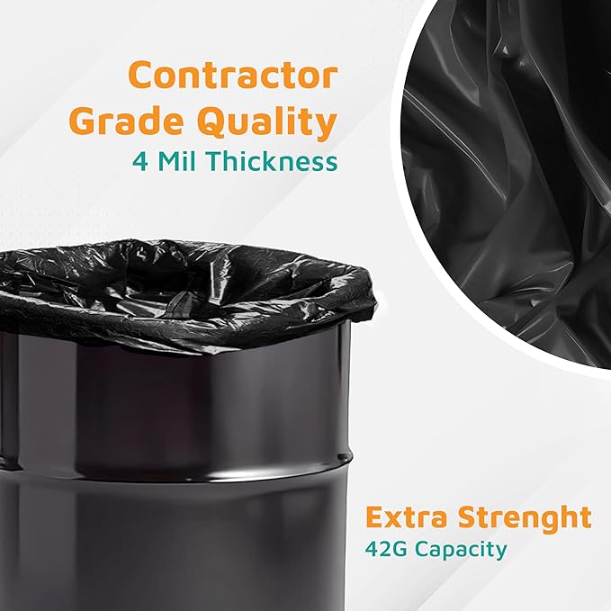 PlasticMill Contractor Bags Heavy Duty - Commercial Industrial Garbage Bags - Black Construction Trash Bags - Outdoor Garden Trash Bags 42-Gallon 4 Mil 33x48 (50-Count)