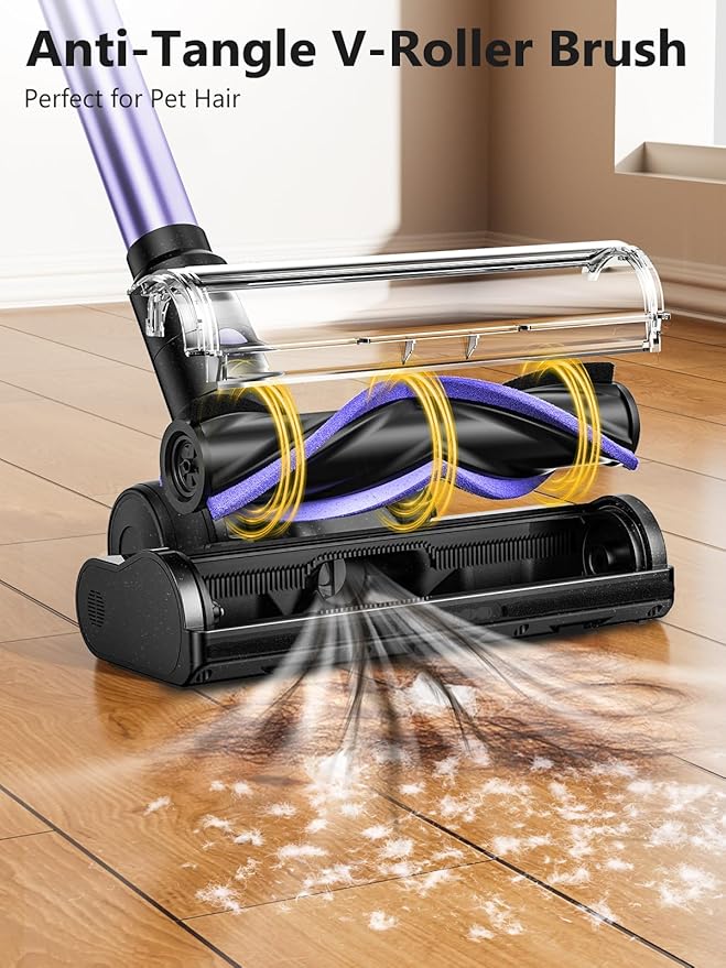 Cordless Vacuum Cleaner 55KPa/500W Stick Vacuum with 55 Mins Runtime Self-Standing Vacuum Cleaner for Home LED Display Anti-Tangle Brush Rechargeable Vacuum for Hardwood Floor Pet Hair (Purple)
