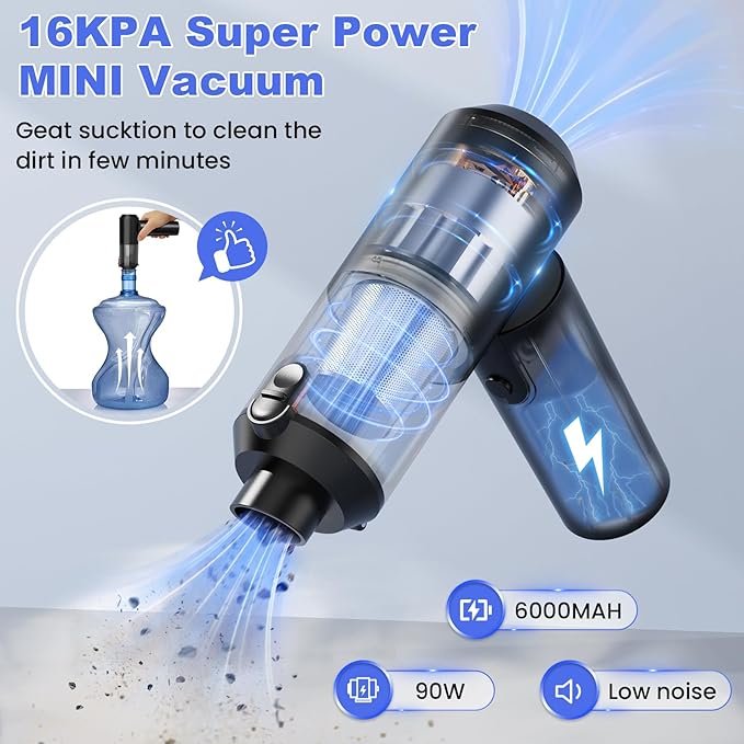 Car Vacuum Portable Cordless with 16000PA Ultra Suction 4-in-1 Foldable Air Duster &amp Brushless Motor Rechargeable Handheld Vacuum for Pet Hair Car Seats Home &amp Office Cleaning