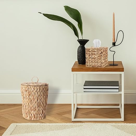 2.6 Gallon Wicker Trash Can with Lid and Square Wicker Tissue Box Cover Boho Decorative Handwoven Water Hyacinth Rattan Bedroom Bathroom Living Room Accessories Decor (Natural)
