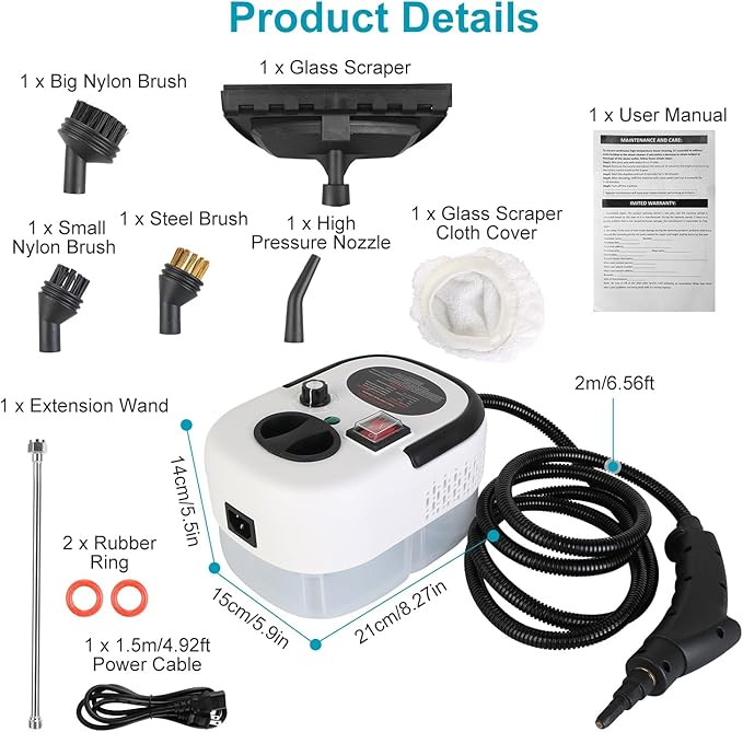 2500W Handheld Steam Cleaner Portable Little Steamer Multifunctional High Temp Steam Clean Machine Powerful Cleaning Tool for Car Furniture Floor Tile Microwave Mattress Bed