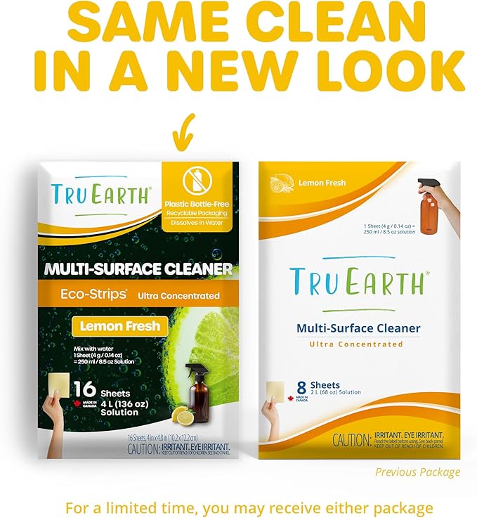 Tru Earth Multi-Surface Cleaner Eco-Strips | All Purpose Cleaner Concentrate for Multi-Use Fresh Lemon Scent 16 Strips