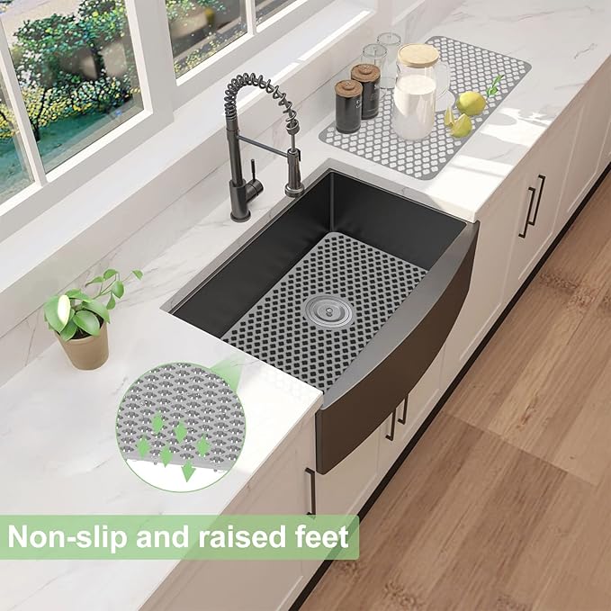 Kitchen Sink Protectors 24x12 Heat Resistant Mat for Stainless/Porcelain Sink No-Slip Grid (Grey)