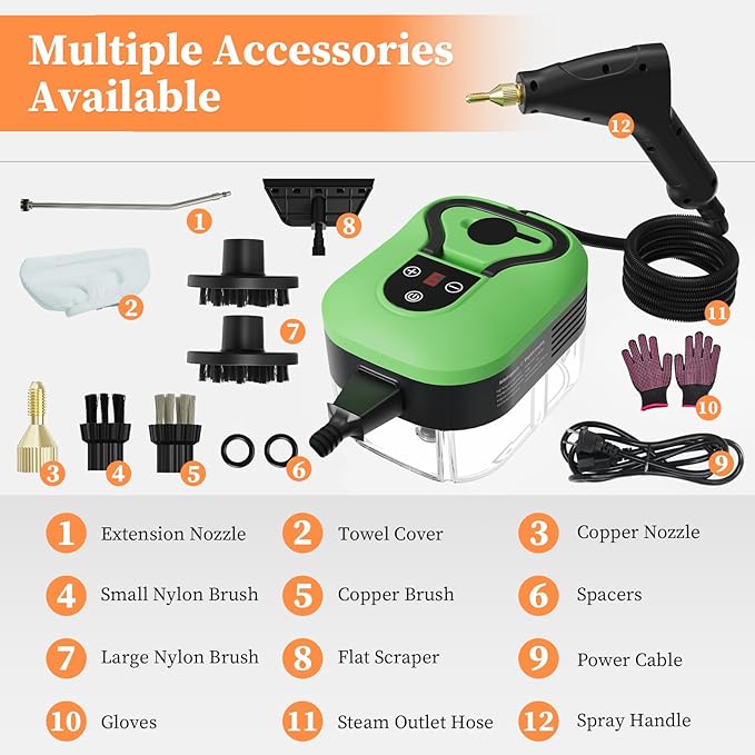 Steam Cleaner Handheld Steam Cleaner for Home Car Furniture Bathroom 2500W High Pressure Steam Cleaner 1.2L Water Capacity 6 Adjustable Speeds 4 Brush Heads Steamer for Cleaning (Green)