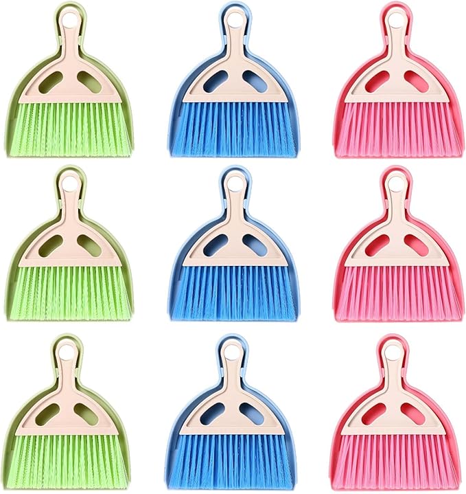 9 Pack Mini Dust Pan and Brush Set Small Hand Broom and Dustpan Set with Handle - 3 Colors Plastic Cleaning Tools for Desk Table Keyboard Car Pet Food Crumbs