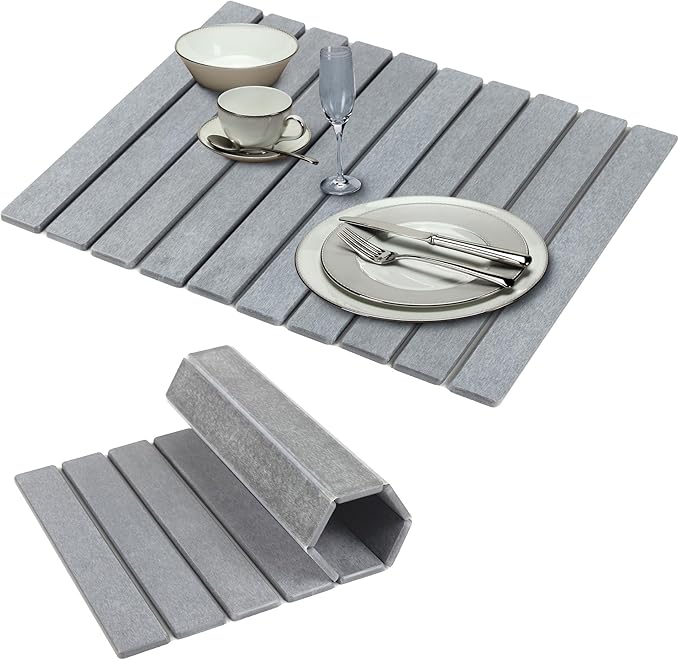 Foldable Stone Dish Drying Mat 24(L)×16(W) Fast Dry Water-Absorbent Collapsibl Eco-Friendly Diatomaceous Earth Dish Drying Mats for Dishes Cookware Cups Fits Any Countertop Gery