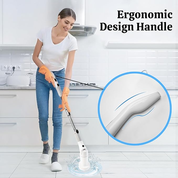 Electric Spin Scrubber with LCD DisplayShower Scrubber with Long HandleCordless Power Cleaning Brush with 8 Brush Heads Electric Scrubber for Bathroom Kitchen CleaningIPX7 Waterproof