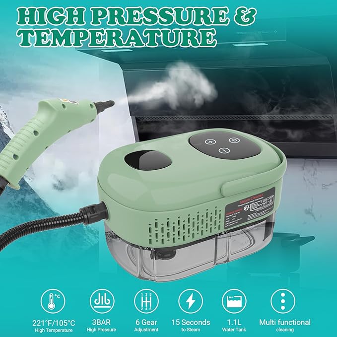 2500W Handheld Steam Cleaner for Home &amp Car 1.1L Portable High-Pressure Steamer 10s Fast Heat-Up 6-Level Adjustable Steam Multipurpose Cleaning Kit – Green