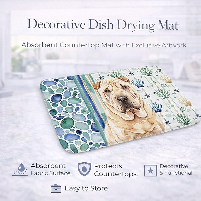 Caroline's Treasures Shar Pei Coastal Sea Glass Dish Drying Mat Absorbent Dish Drying Mat Pad for Kitchen Counter Dish Drainer Mat for Countertop 14 x 21 Multicolor