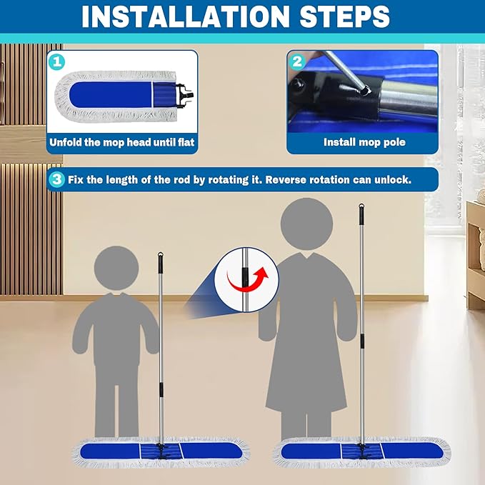 48 inch Commercial Dust Mop for Hardwood Floors Large Size Dry Mop Reusable Cotton Yarn Head Telescopic Stainless Steel Handle Industrial dust mops for Floor Cleaning Marble Blue