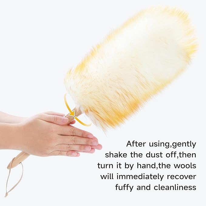 ONESIMUS 2 Pack Lambswool Dusters Fluffy Handheld Natural Feather Duster 11 inch Washable Reusable Wool Dusters with Solid Wooden Handle for Cleaning Ceiling Fan Interior &amp Car etc