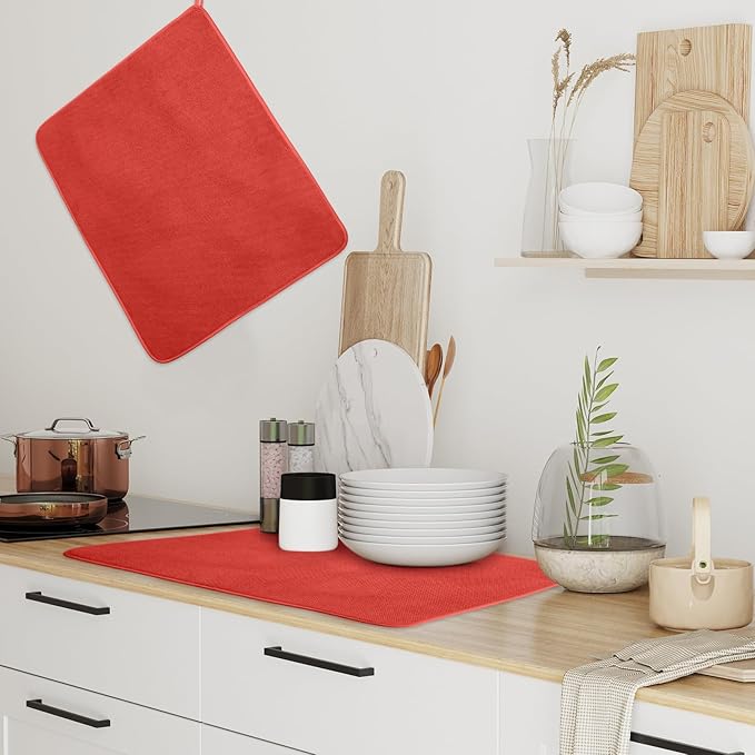 Hushee 2 Pack Extra Large Dish Drying Mat Microfiber Absorbent Dish Drying Pad Large Size Dishes Drainer Mats for Countertop Sink Refrigerator or Dryer (30 x 24 InchRed)