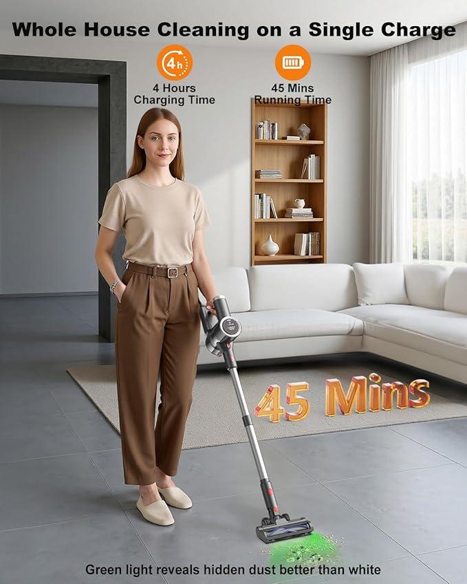 Cordless Vacuum Cleaner Stick Vacuum Rechargeable 550W 45KPA Powerful Suction Lightweight Vacuum Cleaners for Home Anti-Tangle Self Standing for Pet Hair Hardwood Floor Carpet - Sliver