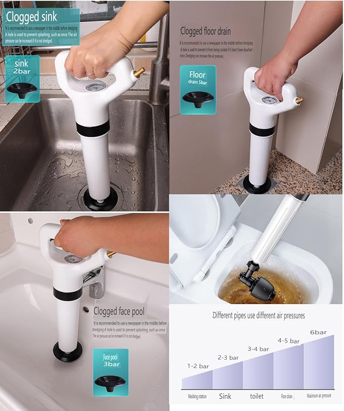 High Pressure Toilet Plunger Drain Unblocker Powerful Manual Pneumatic Dredge Equipment Air Drain Blaster Cleaner for Kitchen Bathroom Clogged Pipe