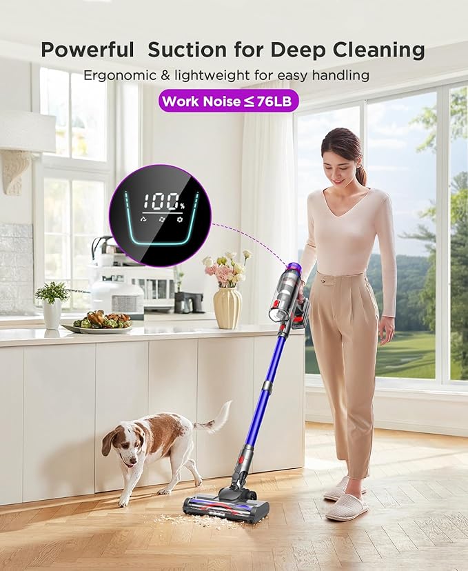 Cordless Stick Vacuum Cleaner for Home: Power Suction Vacuum Tangle-Free Lightweight Design &amp 2600mAh Detachable Battery Up to 50mins Runtime for Pet Hair Carpet Hardwood Floor