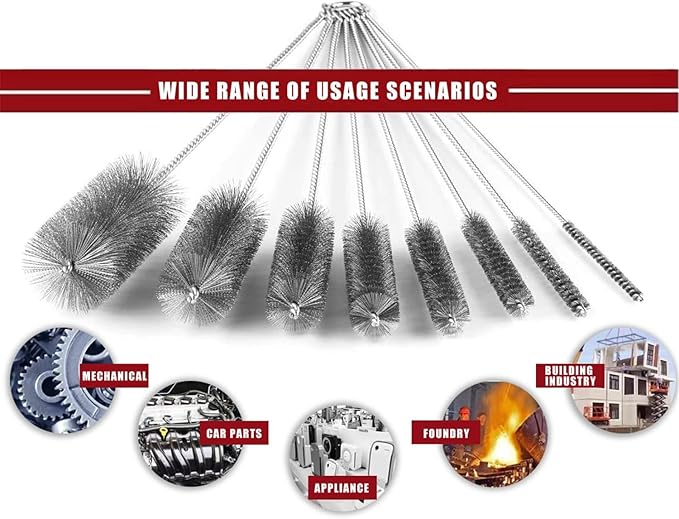 Pipe Cleaning Brush Set Stainless Steel Bristles Stainless Steel Pipe Brush Steel Bottle Brush 9 Piece Variety Pack for Auto Parts Bottles Tubes Etc.