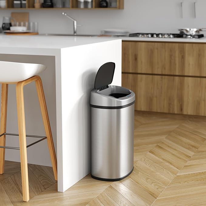 iTouchless Automatic Oval Trash Can with 3 Odor Filters Big Lid Opening Touchless Sensor Kitchen Trash Bin 13 Gallon Stainless Steel