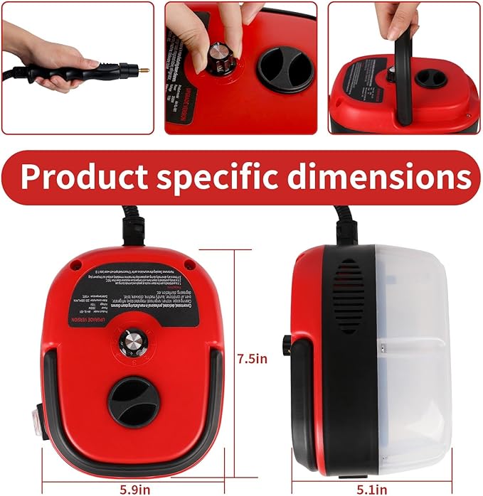 Handheld Steam Cleaner 2500W Pressurized Steam Cleaner with 3 Brush Heads Portable Steam Cleaner for Home Car Furniture Kitchen Bathroom and Wall Red