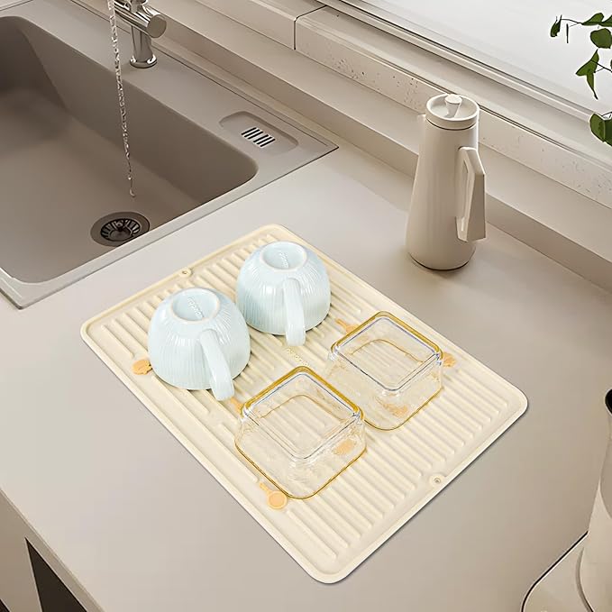 Ourokhome Dish Drying Mat for Kitchen Counter Slip Resistant Dish Mat Thickening Folding Quick Dry Heat Resistant Sink Mats Fits Under Rack Refrigerator or Drawer liner 12x16 White