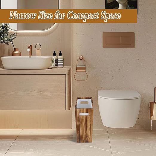 3 Gallon Wooden Trash Can with Liner Small Solid Wood Waste Basket with Handles Trash Can Narrow Garbage Decorative Wastebasket for Bedroom Bathroom Kitchen Living Room Office Decorative