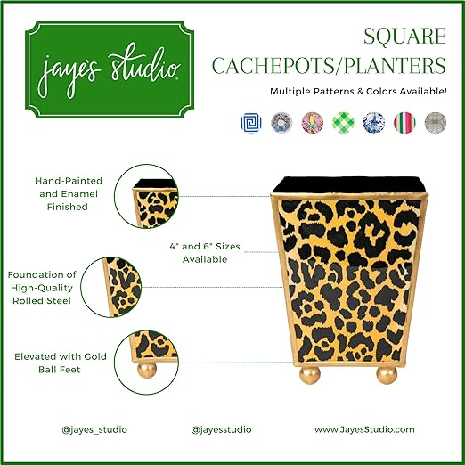 Jaye’s Studio Garden Party Decorative Gold Waste Basket for Bathroom Trash Can no Lid Bedroom Garbage Can Square Office Trash Bin Vanity Enamel White &amp Blue Bathroom Trash Can Gold Feet 9 inch