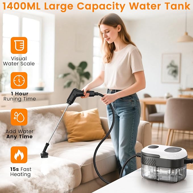 Pressurized Steam Cleaner 3-Level Adjustable Handheld Steamer Cleaning for Home 15s Fast Heat-Up &amp 47.3oz Tank 2500W Multi-Surface Portable Steamer for Floor/Grout/Car/Kitchen &amp Bathroom