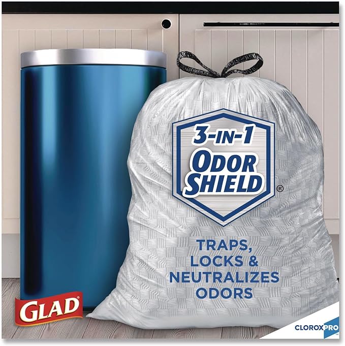 Glad ForceFlexPlus Tall Kitchen Drawstring Trash Bags -13 Gallon White Trash Bag OdorShield -100 Count (Packaging May Vary) Pack of 6
