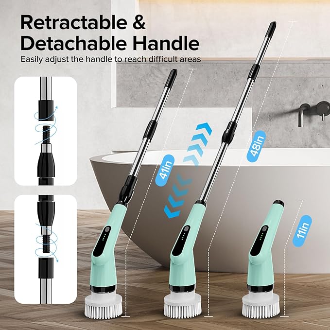 Electric Spin Scrubber Dreazu IPX7 Bathroom Scrubber with 7 Replaceable Brush Heads &amp Retractable Handle 2-Speed Adjustable Spin Scrubber for Bathroom Bathtub Kitchen Tile Floors（Green）