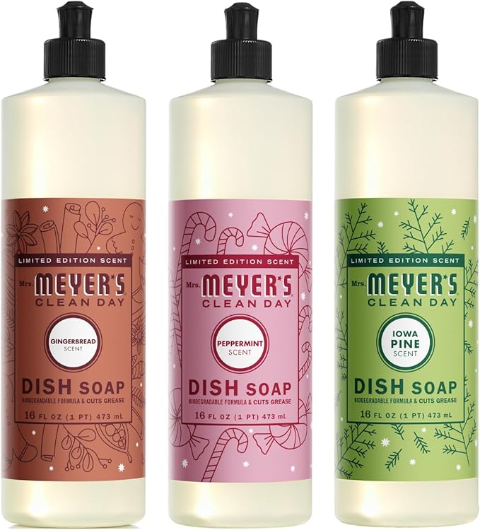 Mrs. MEYER'S CLEAN DAY Dish Soap 3 Pack Variety 16 OZ Each 1 CT (Iowa Pine + Peppermint + Gingerbread (Dish Soap))