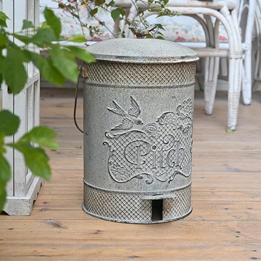 Farmhouse Garbage Can with Lid Indoor Outdoor Trash Can with Embossed Bird and Flowers PatternMetal Retro Kitchen Trash Can with Lid for Kitchen Room and Garden Decor (Grey)