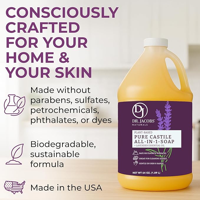 Dr. Jacobs Naturals Pure Castile Soap 64 oz Value Size - Lavender - Made in USA - All-in-One Plant-Based Multipurpose Cleaner for Floors Counters Dishes &amp Laundry Gentle on Skin Biodegradable