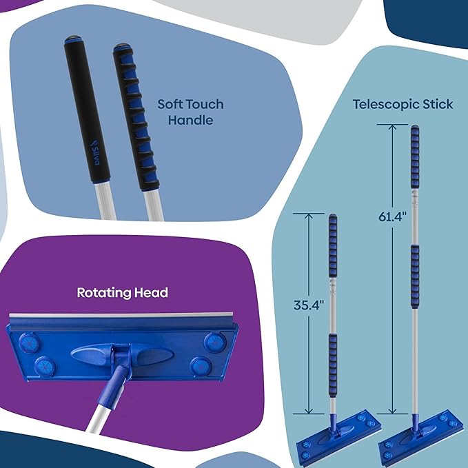 Silva Microfiber Mop Set with Reusable Microfiber Pads (Wet/Dry/Wall) | 360 Rotating Mop Head | Sturdy Extra Long Adjustable Metal Pole | Ergonomic Soft-Sponge Handle | Blue | Floor Wall Tile
