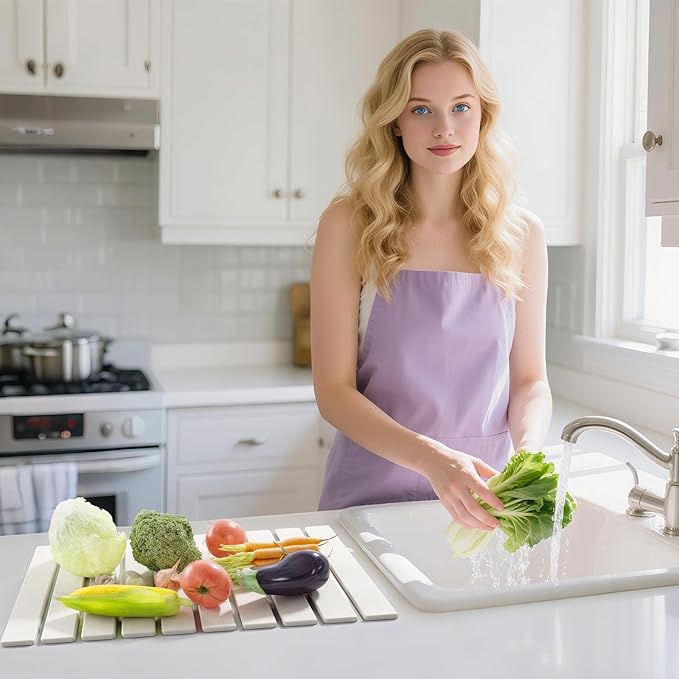 Large Stone Dish Drying Mat for Kitchen Counter23.6''x15.3'' Foldable Quick Dry Stone Kitchen MatEco-FriendlyAbsorbent Diatomaceous Earth Mats for Dishes Bottles Cups Bathroom Any Countertop-White