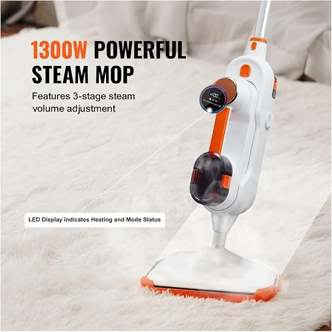 Steam Mop 8-in-1 Hard Wood Floor Cleaner with 7 Replaceable Brush Heads for Various Hard Floors Like Ceramic Granite Marble Linoleum Natural Floor Mop with 2 pcs Machine Washable Pads