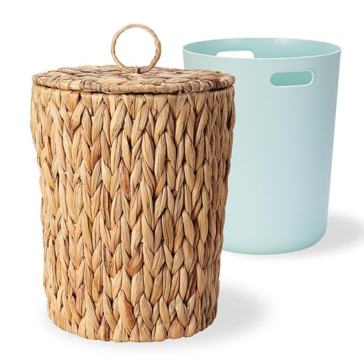 2.6 Gallon Wicker Trash Can with Lid - Bathroom Garbage Can with Removable Liner Bucket - Boho Hand Woven Water Hyacinth Wicker Waste Basket for Bedroom Living Room Home Office