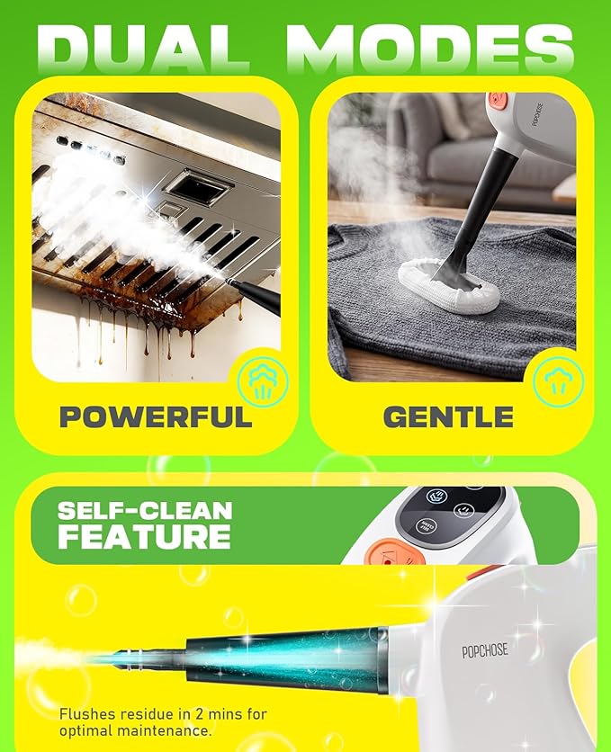POPCHOSE Steam Cleaner with Detergent Dispenser 15s Heat-Up Handheld Steam Cleaner for Home 500ml Removable Water Tank Lightweight Portable Steamer for Cleaning Grout Windows Kitchen Easy Refill