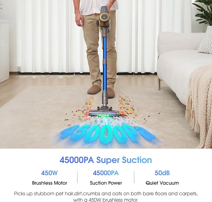 UNINELL HOME Cordless Vacuum Cleaner 45000Pa/450W Stick Vacuum Cleaners for Home 60 Mins Runtime Self-Standing Detachable Battery Anti-Tangle Brush Lightweight Wireless Vacuum for Pet Hair