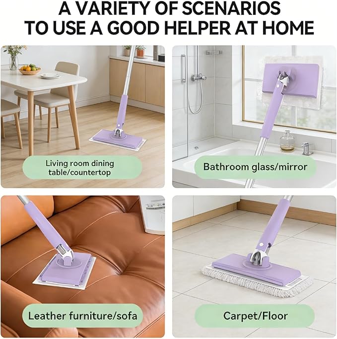 Zero Touch Mini Mop Snap Grip Mini Mop with Automatic Cloth Lock No-Touch Wet &amp Dry Flat Cleaner for Floors Walls &amp Corners Includes Reusable Cleaning Cloths (Purple 36in)